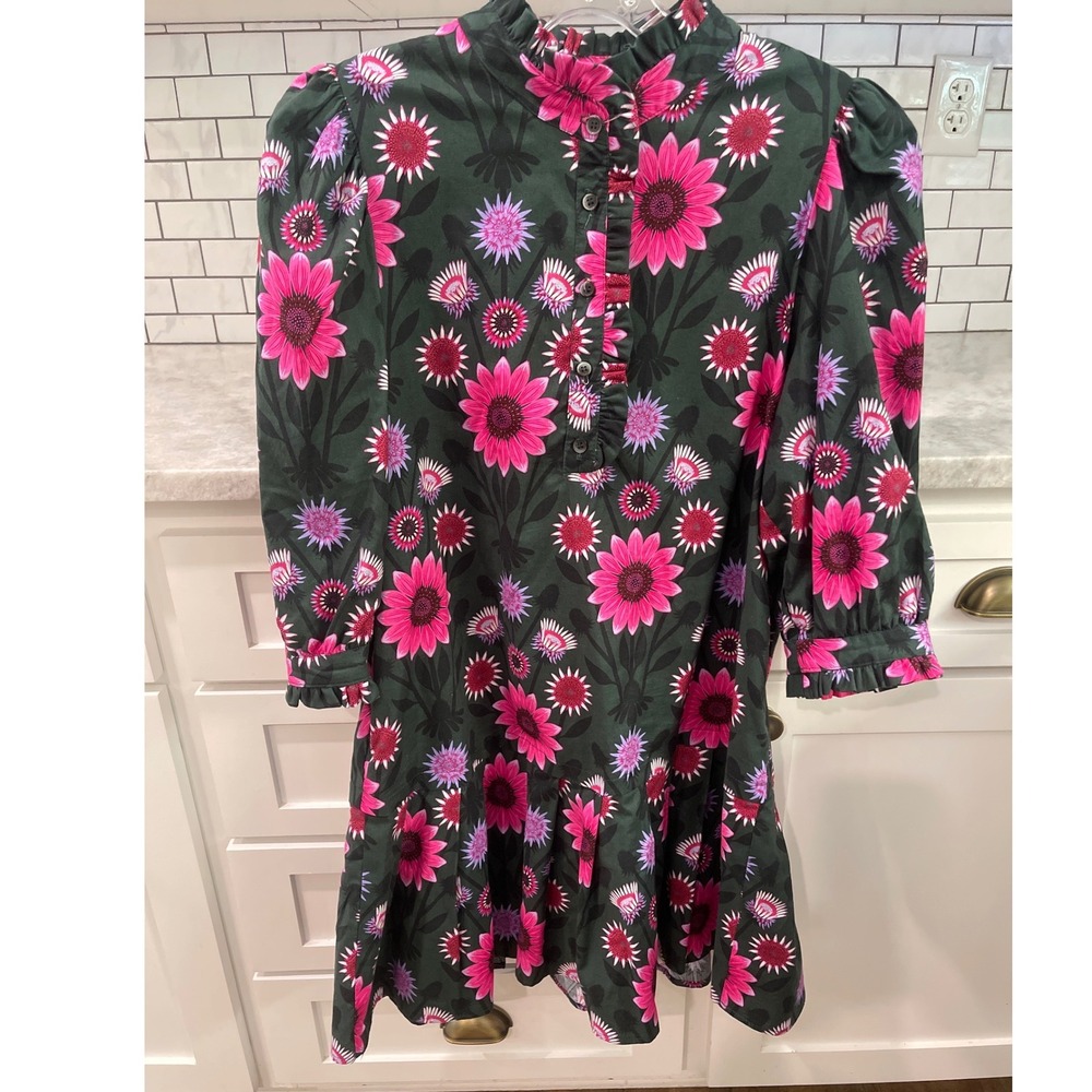 Uncle Frank Dress Womens S Green Pink Floral Ruffle Neck Puff Sleeve Mini Pocket